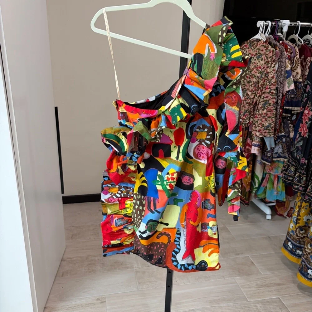 Farm Rio: Ana Leovy Farm Rio Organic Cotton One Shoulder Mini Dress - Picture 12 of 14